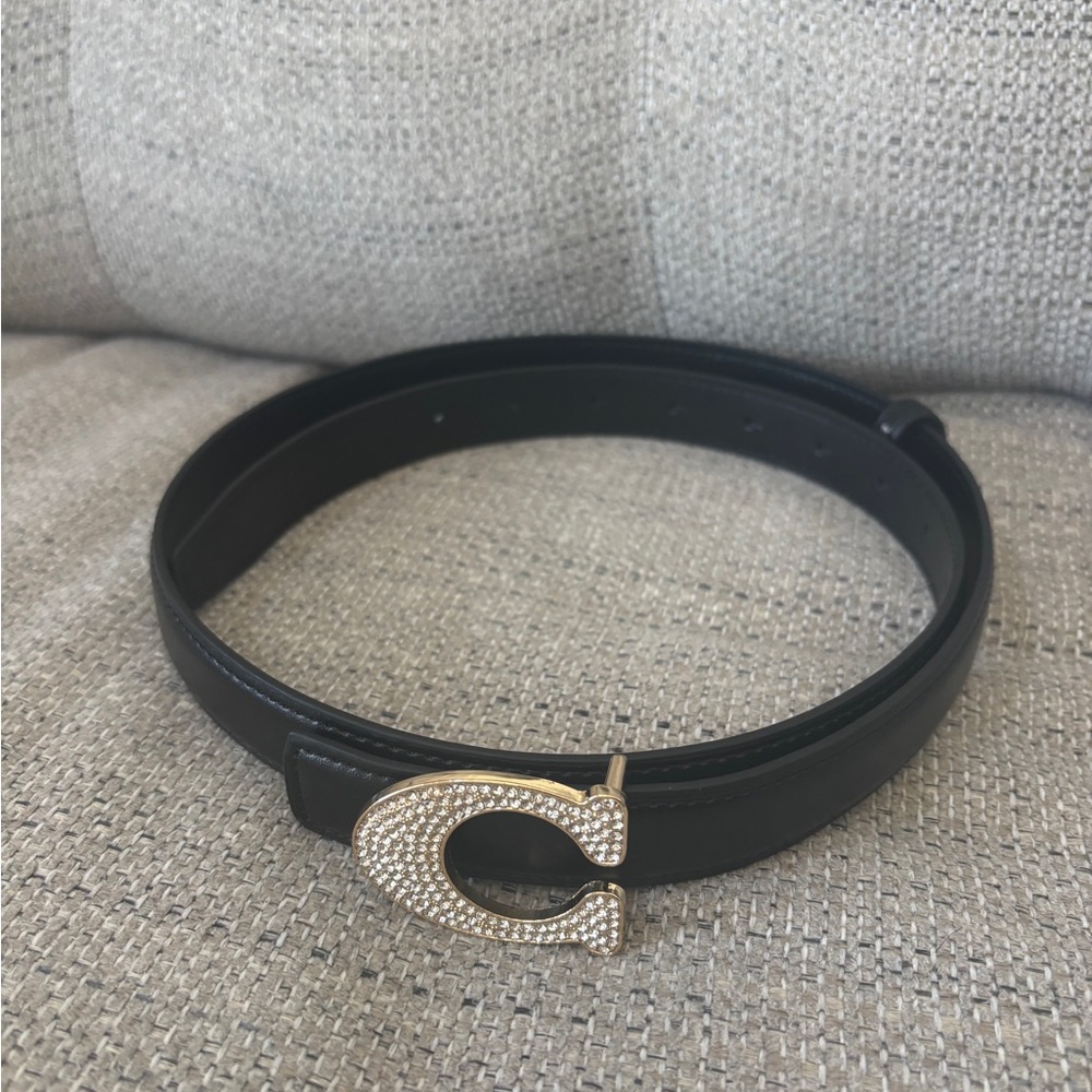 Black Leather Belt with Rhinestone 'C' Buckle